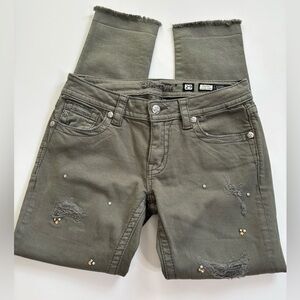 Miss Me Signature Cuffed Skinny Jeans Green Distressed Rhinestone Size 29